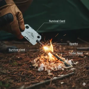 An emergency fire starting process using the sharp edge of a survival card and a flint.
