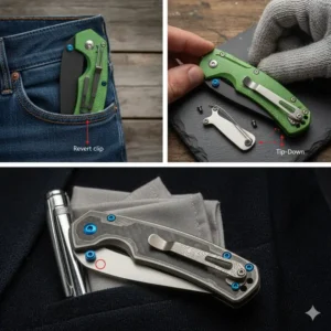 Detailed image of a small Torx screw securing a custom titanium pocket clip to the handle scale of a flashlight.