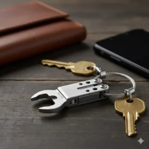 Close-up detail of a compact stainless steel multi-tool attached to an edc key ring, highlighting its bottle opener and wrench features.