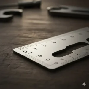 Detailed view of the precision-etched metric and imperial ruler markings on the edge of the multipurpose tool card.