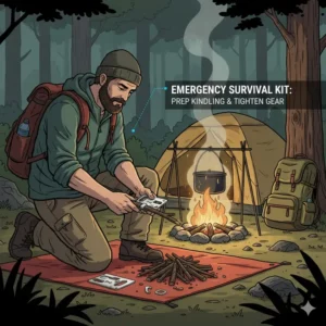 Digital illustration of an outdoor survivalist using a credit card tool kit to prep kindling and tighten equipment.