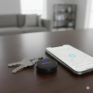 An anti-loss Bluetooth tracking tech keychain attached to a set of keys, demonstrating its location-finding capability.