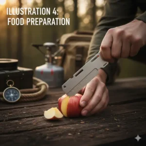 A survival card tool being used as a small knife to prepare food or cut cordage during a camping trip.