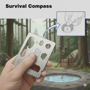 Illustration 4: Using the direction indicator as an emergency compass on the corner of a credit card survival tool.