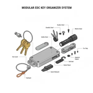 An exploded view diagram of a modular edc key ring organizer system, demonstrating how to easily add and remove keys and gear.