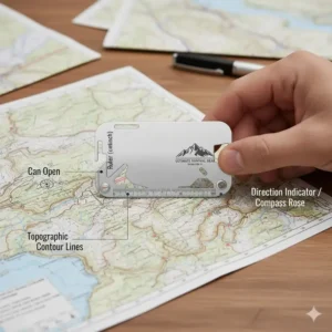 Using the built-in ruler and orientation tools of a survival card for map navigation.