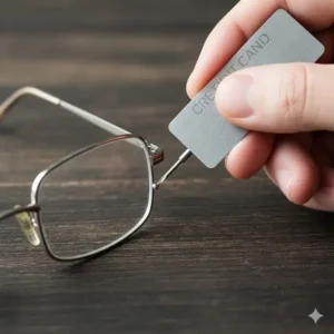 Fixing a small screw on eyeglasses using the edge of a credit card size multi tool.