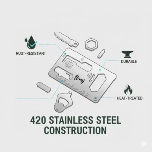 Illustration highlighting the rust-resistant 420 stainless steel construction of a heavy-duty credit card tool kit.