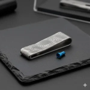 A machined titanium pocket clip with a bead-blasted finish, emphasizing its durability and lightweight nature.