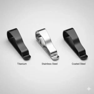 An image showcasing the different materials, such as titanium and stainless steel, commonly used to manufacture a durable universal knife pocket clip.