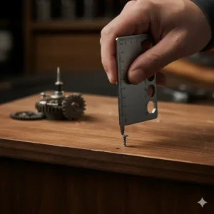 Illustration of the flathead screwdriver tip on the multipurpose tool card tightening a small screw on a piece of furniture.