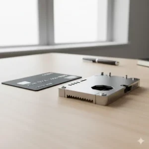 Side-by-side comparison of a standard credit card and the thicker, more durable credit card multitool to illustrate size.