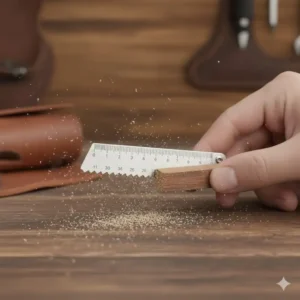 The serrated saw blade edge of the credit card multi tool cutting through a small piece of wood, showing its utility.