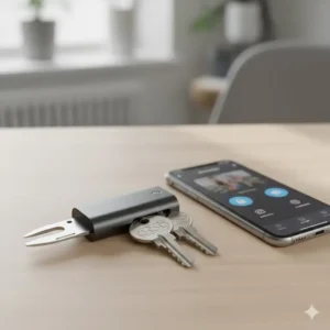 A modern, smart organizer tech keychain system (EDC - Everyday Carry) that neatly folds keys and includes a small multi-tool blade.