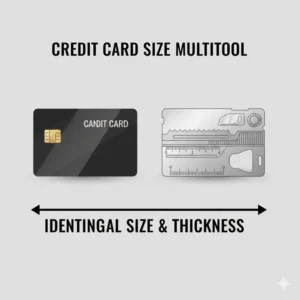 A side-by-side scale comparison between a standard bank card and a multifunctional credit card tool kit.