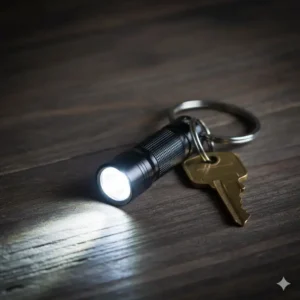 A bright, compact LED flashlight secured on an edc key ring, illustrating its size comparison next to a standard house key.