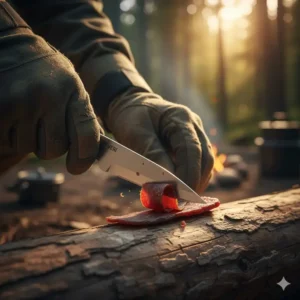 A person using the sharpened blade edge of a survival card for outdoor food preparation.