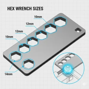 Diagram highlighting the multiple different-sized hex wrench cutouts on the multipurpose tool card for fastening nuts and bolts.