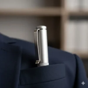 A high-quality tactical pen clipped securely to the inside of a blazer pocket using its sturdy metal pocket clip.