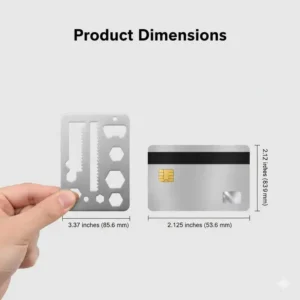 Illustration 5: A size comparison showing a credit card survival tool next to a standard bank card for scale.
