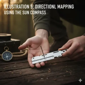 An illustration showing the directional ancillary indicator on a survival card tool used for basic navigation.