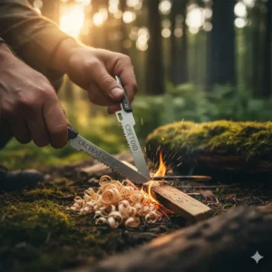 Using a credit card size multi tool to scrape wood kindling for a campfire in the wild.