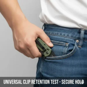 A short animation or image demonstrating the strong tension and retention of a quality universal knife pocket clip preventing accidental loss.