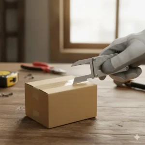 An illustration of the sharp edge of the credit card multitool being safely used to cut open a small cardboard box or package.