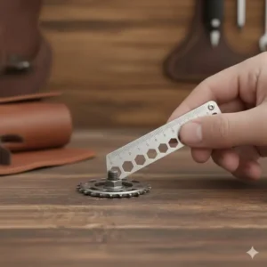 Detail of the various sized hex wrenches/spanners integrated into the credit card multi tool design for minor repairs.