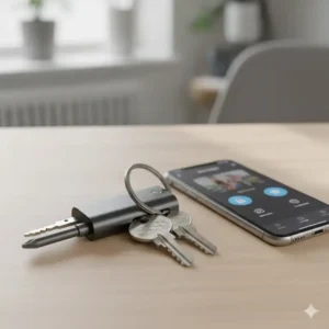 An industrial-style tech keychain featuring a practical multi-tool set, including small Phillips and flathead screwdrivers for quick fixes.