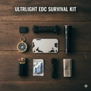 A top-down view of a survival card as part of a professional everyday carry EDC kit.