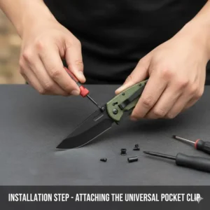 Step-by-step image of a person using a screwdriver to install a new aftermarket universal knife pocket clip onto a compatible handle.