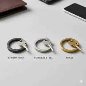 Comparison of different materials used for the edc key ring, including lightweight carbon fiber, durable stainless steel, and brass options.