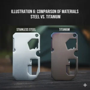 A side-by-side comparison illustration of a stainless steel survival card tool versus a lightweight titanium version.