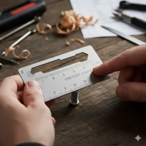 Measuring a small metal bolt with the integrated ruler on a credit card size multi tool.