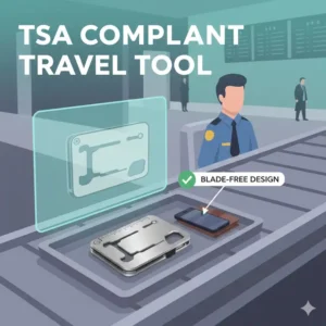 Illustration of a travel-safe credit card tool kit being screened for airport security, emphasizing its TSA-friendly design.