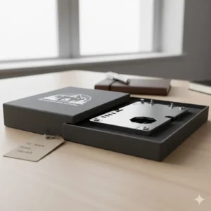 The packaging of a high-quality credit card multitool, suggesting it as the perfect practical gift for hikers, campers, and handymen.