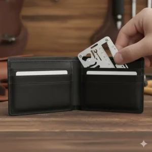 The sleek credit card multi tool discreetly stored in the credit card slot of a leather wallet, showing its compact size.