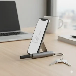 A novelty tech keychain that functions as both a small capacitive stylus for touchscreens and a convenient portable phone stand.