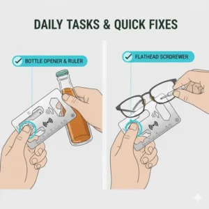 An illustration of a user employing the bottle opener and ruler functions of a credit card tool kit for everyday household tasks.