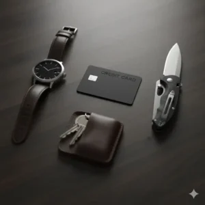 An aesthetic EDC flatlay featuring a matte black credit card size multi tool and a watch.