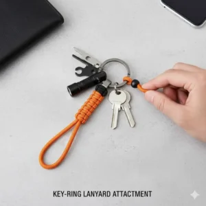 A practical paracord lanyard attached to an edc key ring for better grip and quick retrieval from a pocket or bag.