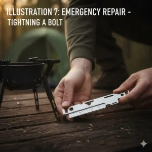 An illustration of a person using the wrench function of a survival card tool to tighten a bolt on outdoor gear.