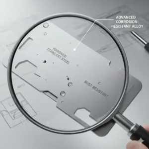 A close-up shot highlighting the hardened stainless steel material of a survival card.