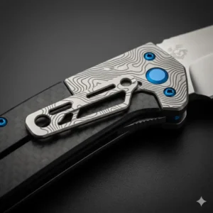 An ornate, milled pocket clip with intricate patterns, commonly found on high-end custom knives.