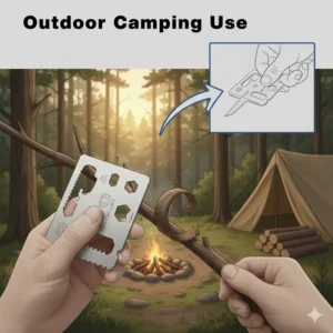 Illustration 7: A credit card survival tool being used in an outdoor camping environment to prepare small pieces of wood.