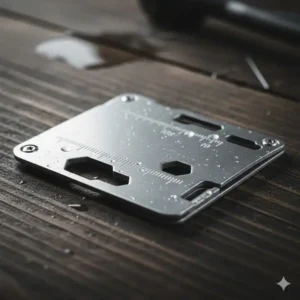 Close-up texture shot emphasizing the durable, high-quality stainless steel material of the multipurpose tool card.