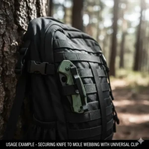 Practical example of a universal knife pocket clip being used to securely attach a folding knife to a backpack's MOLLE webbing instead of a pant pocket.