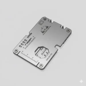 A vector graphic highlighting the durable, rust-proof stainless steel construction of the best credit card multitool on the market.