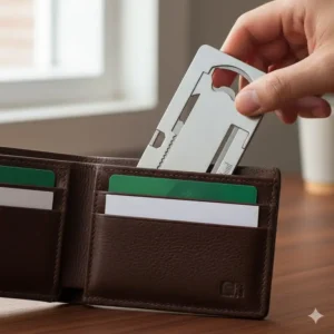 A slim multi tool wallet card sliding easily into a standard leather wallet credit card slot.